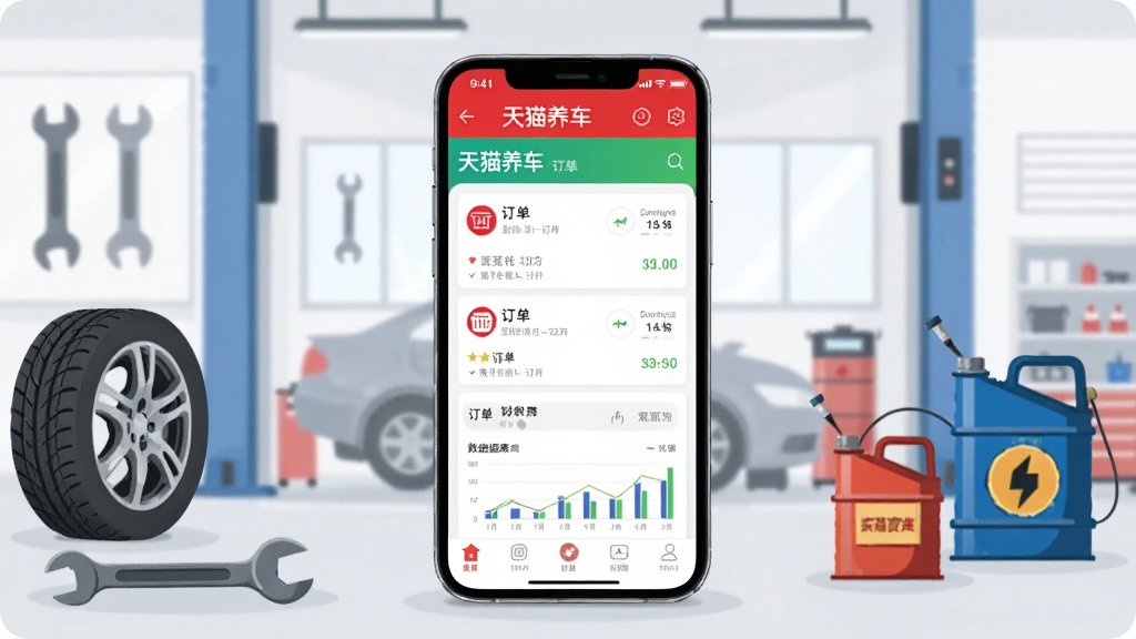 画面主体是一部智能手机,屏幕显示天猫养车商家应用界面,背景是整洁的汽车维修车间,布局采用居中构图,手机位于画面中心,四周环绕汽车轮胎、扳手、机油桶等元素,排版简洁清晰,风格为现代扁平化科技插画,细节上手机屏幕内展示订单列表与数据图表,画质高清,干净,无多余元素