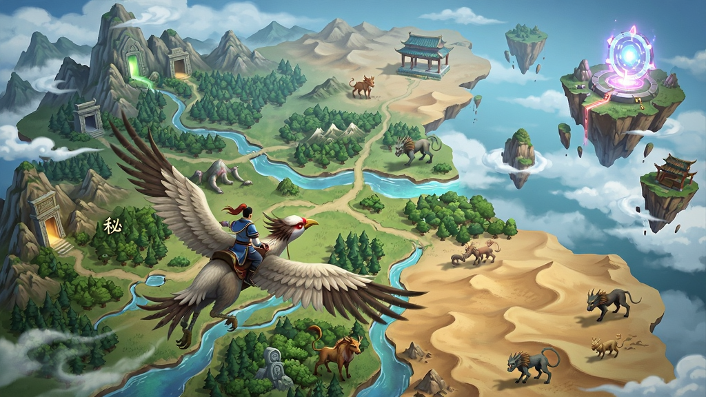 山海经传说开放世界大地图俯瞰场景,画面展示山川、河流、森林、沙漠与悬浮岛屿,地图上标注有秘境入口与异兽出没区域,玩家角色正乘骑一只巨鸟飞行于空中,远处有发光的传送阵,整体风格为国风奇幻,色彩丰富,画质高清,干净无多余元素。