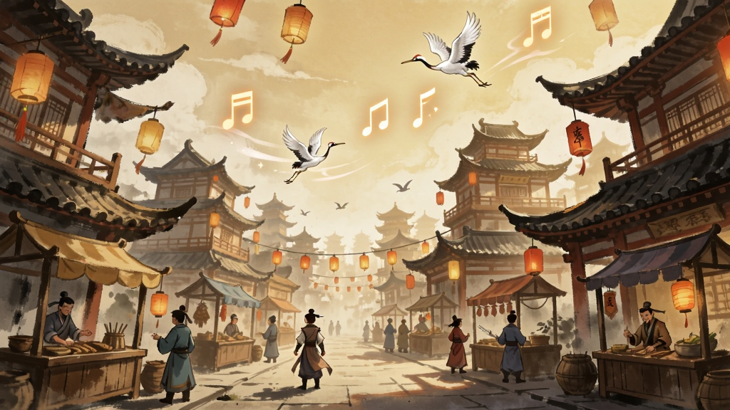 山海经传说游戏主城场景,画面展示一座繁华的古代仙侠城市,建筑为飞檐翘角的国风楼阁,街道上有NPC商贩与玩家角色走动,天空中漂浮着灯笼与仙鹤,背景音乐符号以视觉化光效呈现,整体色调温暖,风格为国风水墨,画质细腻,干净无多余元素。