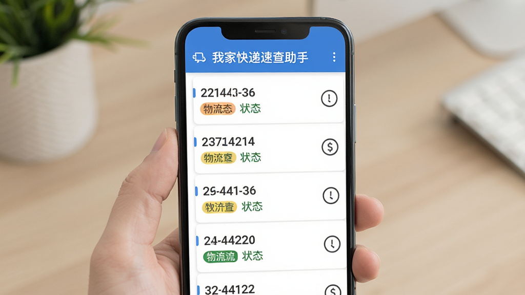 主体为手机界面展示多个快递单号列表与查询结果,布局为列表式垂直排列,排版整齐,风格为简约商务风,细节包括