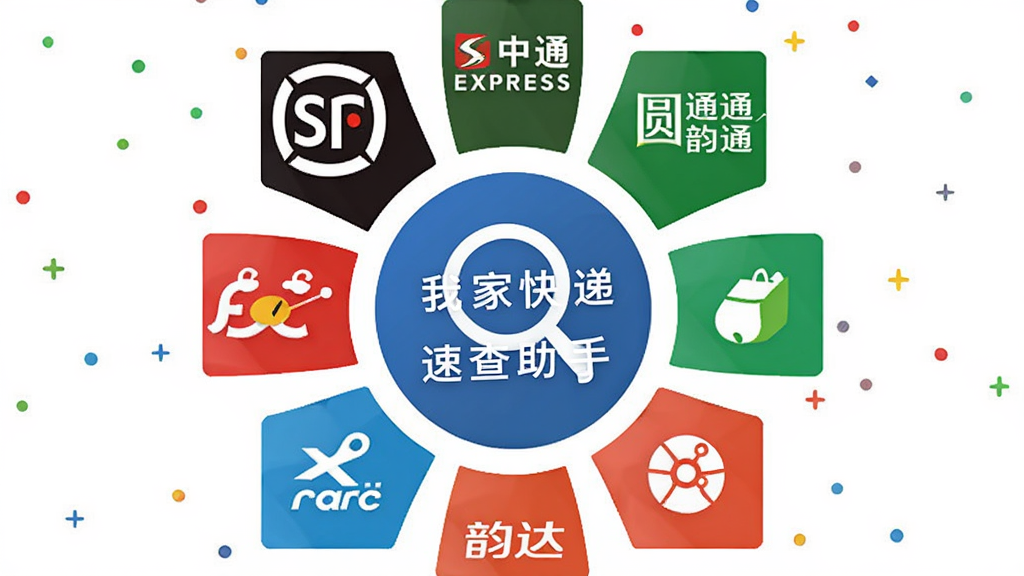 主体为多个快递公司logo环绕一个中心查询图标,布局为圆形放射状排列,排版对称均衡,风格为扁平化商务风,细节包括顺丰、中通、圆通、韵达、极兔等品牌标识,中心显示