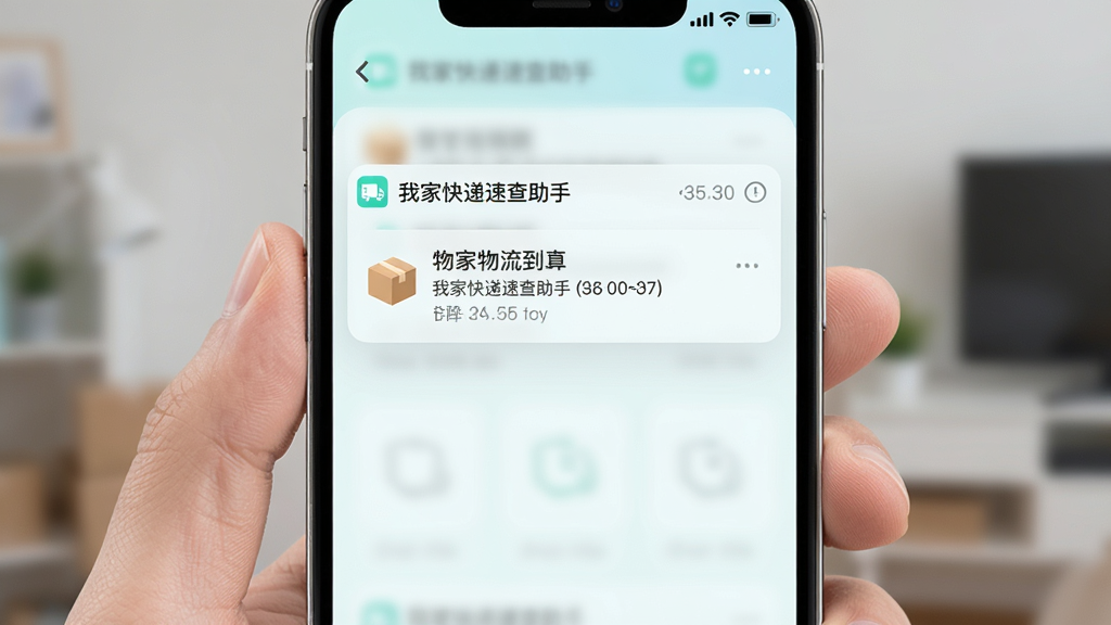 主体为手机通知弹窗展示快递动态提醒,布局为手机屏幕居中,排版上下结构,风格为清新浅色UI风格,细节包括通知栏显示