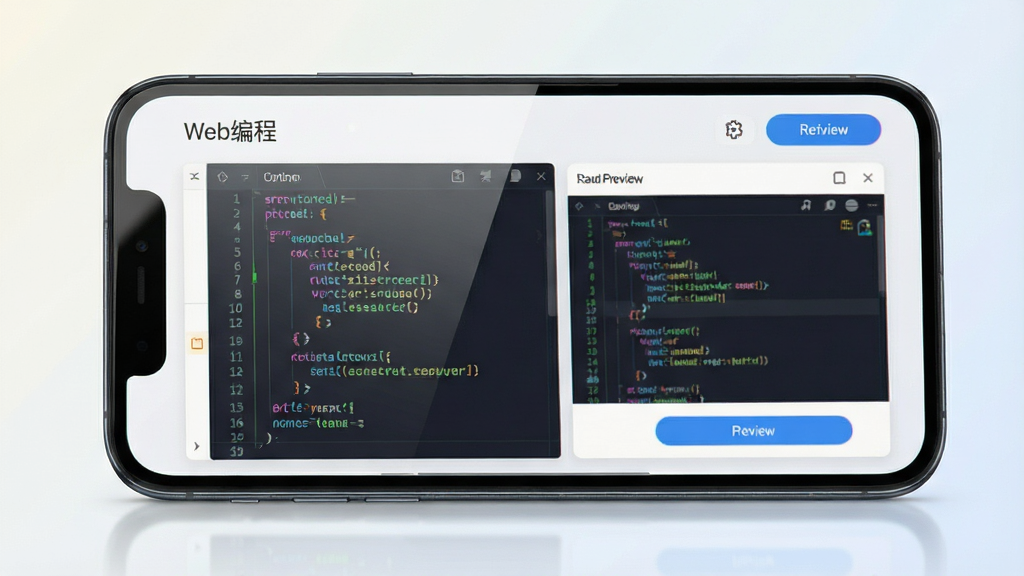 一张展示手机屏幕的图片,画面中央是“Web编程”软件界面,界面中包含代码编辑区域和实时预览窗口,代码以彩色高亮显示,整体布局简洁清晰,背景为浅色渐变,风格现代科技感,细节表现屏幕反光和UI按钮,画质高清,干净无多余元素