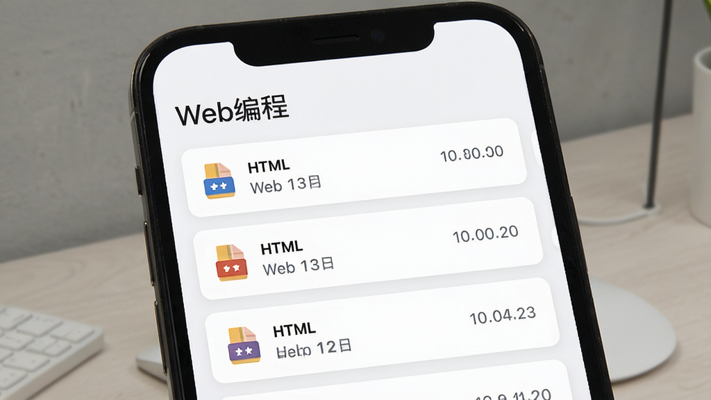 手机屏幕展示“Web编程”项目管理界面,列表中排列着多个HTML项目文件,每个文件带有图标和修改时间,界面采用卡片式布局,浅色背景,风格清爽简约,画质高清,干净无多余元素