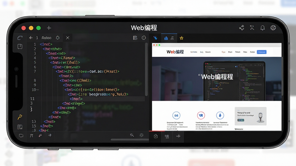 手机屏幕展示“Web编程”横屏编辑模式,左侧代码区域显示彩色高亮HTML代码,右侧预览窗口展示网页效果,界面布局清晰,背景深色,风格专业,画质高清,干净无多余元素