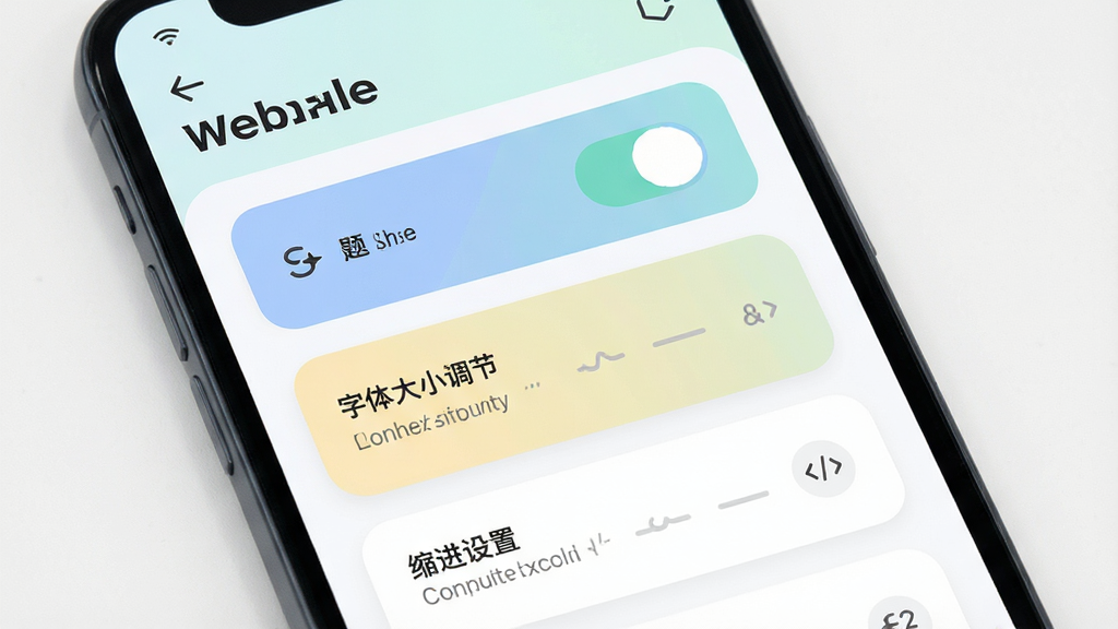 手机展示“Web编程”设置界面,屏幕上排列着主题切换、字体大小调节、缩进设置等选项,界面采用圆角卡片设计,配色柔和,风格清新,画质高清,干净无多余元素