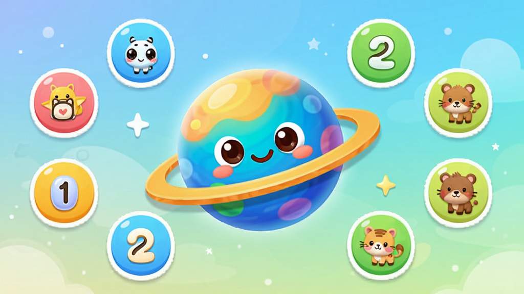 图图星球 儿童启蒙 APP 首页界面展示,画面中央是色彩鲜艳的卡通星球形象,周围环绕着拼音、数字、动物等学习图标,布局清晰,排版活泼,风格为可爱卡通,细节包含圆润的按钮和柔和渐变背景,画质清晰明亮,干净整洁,无多余元素