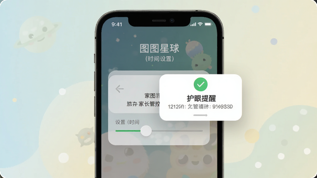 图图星球 家长管控 功能界面,画面展示手机屏幕上的时间设置滑块和护眼提醒弹窗,布局居中,排版简洁,风格为现代扁平化,细节包含绿色对勾图标和柔和背景,画质清晰,干净,无多余元素
