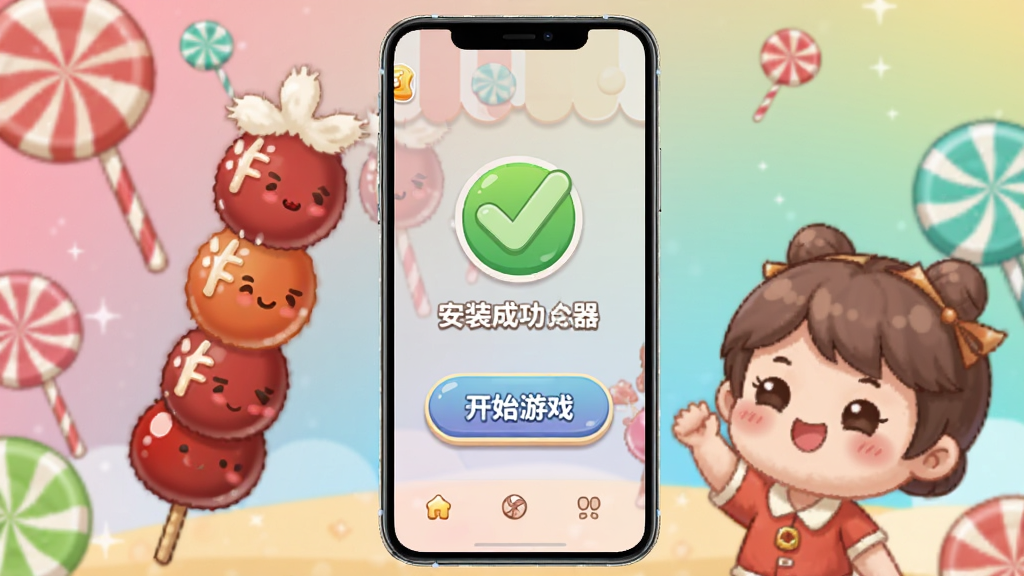 手机屏幕展示糖葫芦达人国际服安装器的完成界面,界面上有安装成功的绿色对勾图标和开始游戏按钮,背景是糖葫芦达人游戏的角色插画。布局为手机竖屏居中,风格为清新卡通风格,细节包括按钮的圆角设计、游戏角色的可爱表情、背景的糖果色渐变,画质清晰,画面干净,无多余元素。