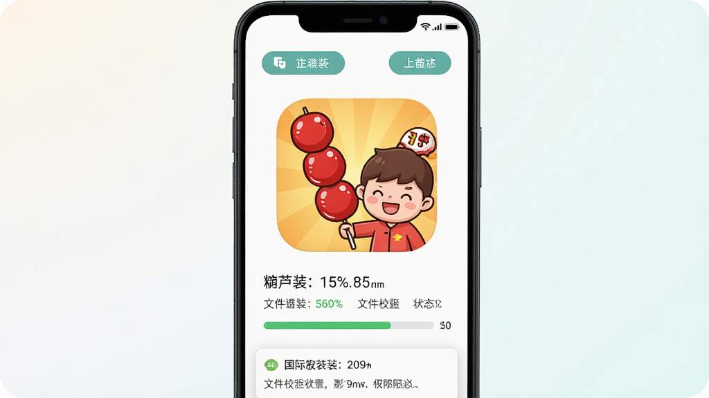 一张展示手机屏幕的图片,画面中央是糖葫芦达人国际服安装器的应用图标和安装界面,图标以红色糖葫芦和卡通人物为主视觉元素,周围环绕着安卓系统风格的按钮和进度条。布局为手机正面竖屏展示,背景为干净的浅色渐变,风格为扁平化UI设计,细节包括安装进度百分比、文件校验状态、权限请求弹窗等元素,画质清晰锐利,画面干净整洁,无多余装饰元素。