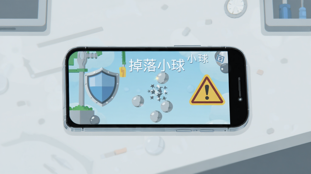 一部智能手机放在桌面上,屏幕显示“掉落小球”游戏界面,旁边有盾牌和警告图标,背景为浅灰色工作台,整体为扁平化信息图风格,画面中带有“掉落小球”文字,布局左右分栏,排版清晰,风格简洁,细节干净,画质高清,无多余元素