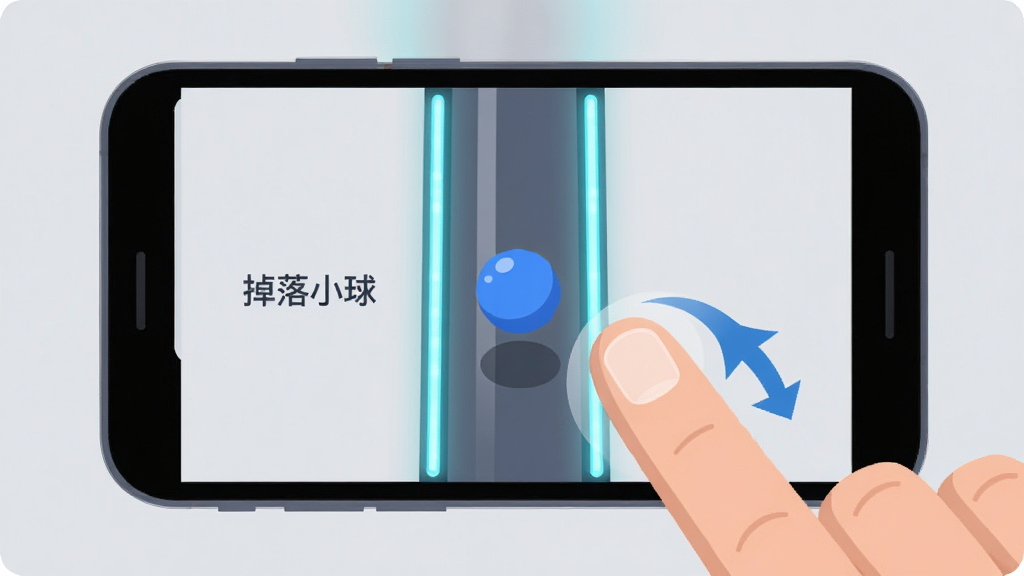 一只手指在手机屏幕上左右滑动,屏幕中一颗蓝色小球沿着垂直通道下落,通道两侧有发光的边界线,背景为浅灰色,手指动作带有动态箭头指示,整体为扁平插画风格,画面中带有“掉落小球”文字,布局简洁,排版清晰,风格现代,细节干净,画质高清,无多余元素