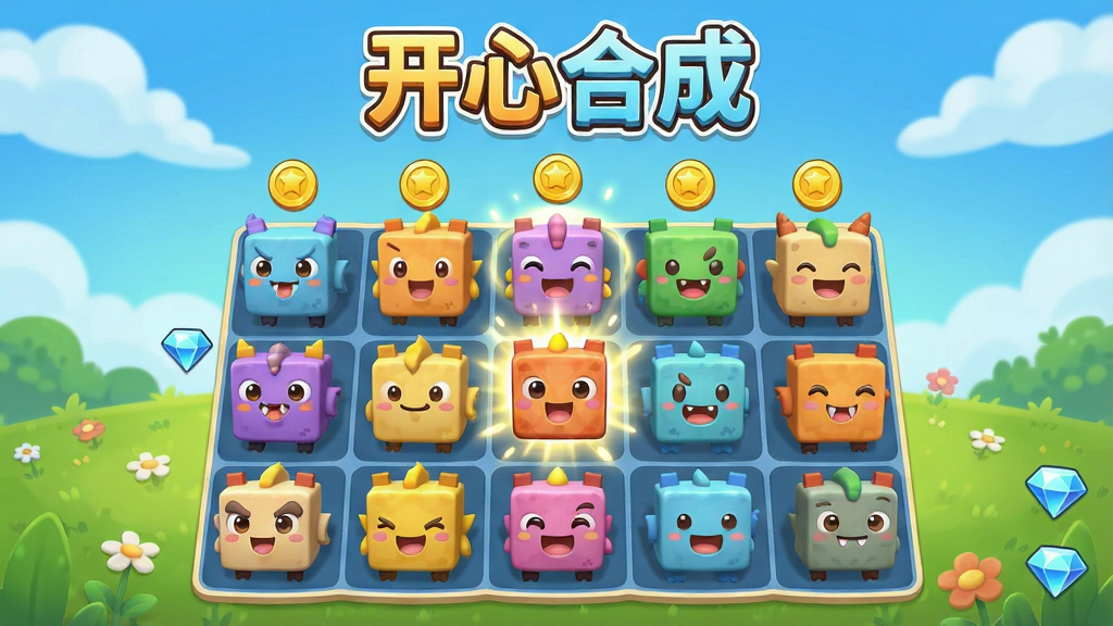 一张以开心合成为主题的手机游戏画面,画面中央是多个不同等级的可爱方块兽角色排列在合成网格中,背景是明亮的卡通风格草地与蓝天,布局采用中心对称构图,排版上方留出空间展示游戏标题文字“开心合成”,风格为休闲卡通3D渲染,细节包括方块兽的表情、合成特效光晕、金币与钻石图标点缀,画质高清,干净,无多余元素