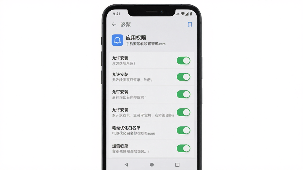 开心合成安卓手机安装与设置界面示意图,主体是手机屏幕显示应用权限管理页面,布局为竖屏手机界面居中展示,排版包含权限开关列表与提示文字,风格为简洁科技风,细节包括“允许安装”“电池优化白名单”等文字标识,画质清晰,干净,无多余元素