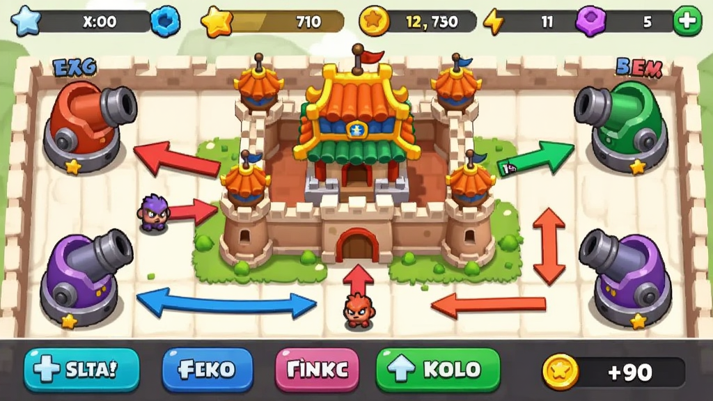 卡卡保皇游戏主界面截图,画面中央是Q版卡通风格的皇城场景,四周分布着不同颜色的炮台,底部排列着合成按钮和金币数量显示,整体色调明亮活泼,风格为休闲手游UI,细节包含炮台等级标识、敌人进攻路线箭头、顶部资源栏,画质清晰干净,无多余元素