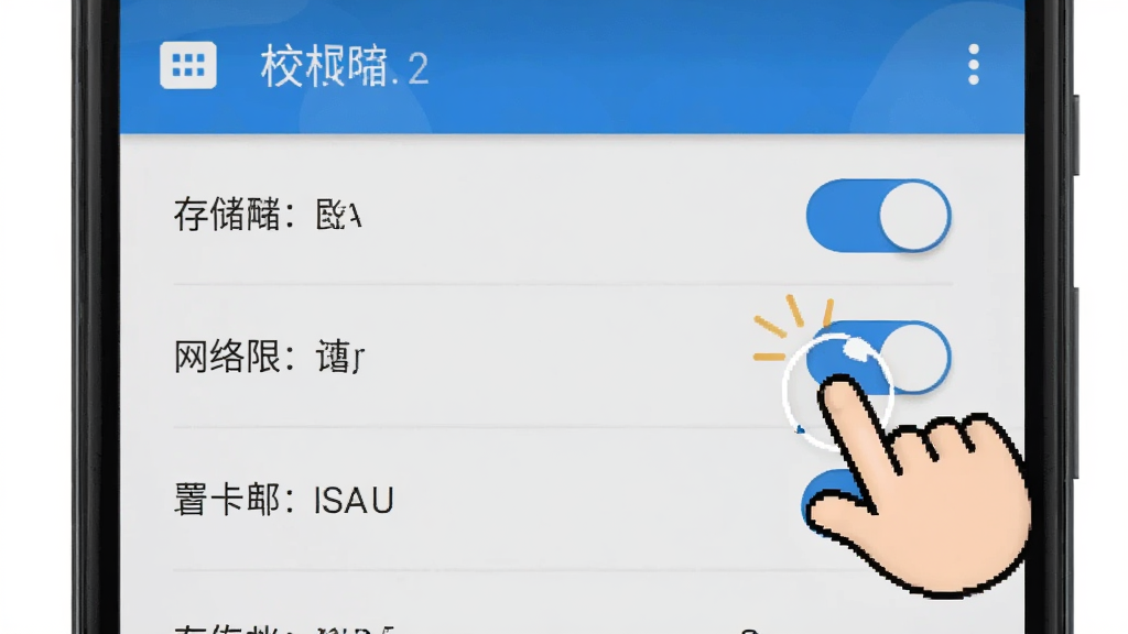 卡卡保皇手机端安装权限设置界面示意图,画面展示安卓手机的应用权限管理页面,包含存储权限、网络权限等开关按钮,旁边有卡通手指点击提示,风格为手机系统UI截图风格,细节清晰,画质干净,无多余元素