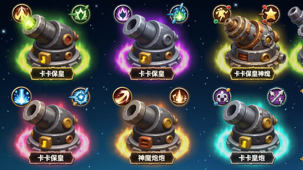 卡卡保皇神魔炮角色展示图,画面中排列着多个造型各异的卡通炮台角色,每个炮台带有不同颜色的光环和技能图标,背景为深蓝色星空,风格为Q版游戏角色图鉴,细节包含炮台名称标签、技能特效光晕、稀有度边框,画质清晰干净,无多余元素