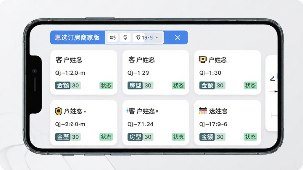 惠选订房商家版订单列表界面,画面展示手机屏幕内整齐排列的订单卡片,每张卡片包含客户姓名、入住日期、房型、金额与状态标签,顶部有筛选栏,采用浅灰色背景与蓝色强调色,排版清爽,画质清晰,无多余装饰