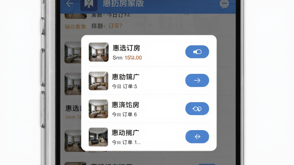 惠选订房商家版多店铺切换界面,画面展示手机屏幕中店铺列表弹窗,每家店铺显示名称与今日订单数,右侧有切换按钮,背景为半透明遮罩,风格简约商务,画质清晰,无多余元素