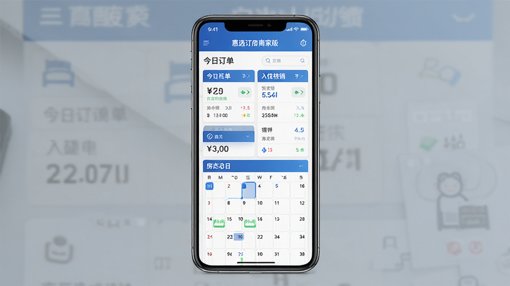 惠选订房商家版应用主界面截图,画面中央展示手机屏幕,屏幕内为酒店订单管理后台首页,有今日订单、入住核销、房态日历等模块,布局清晰,采用蓝白配色商务风格,细节包含图标与数据卡片,画质清晰,干净整洁,无多余元素