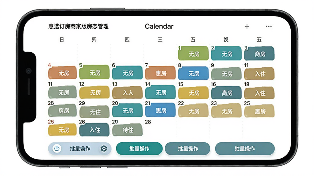 惠选订房商家版房态管理界面,画面展示手机屏幕中呈现的月历视图,日期格内用不同颜色标注有房、无房、待入住状态,底部有批量操作按钮,背景为简洁白色,风格现代商务,画质清晰,干净无杂乱