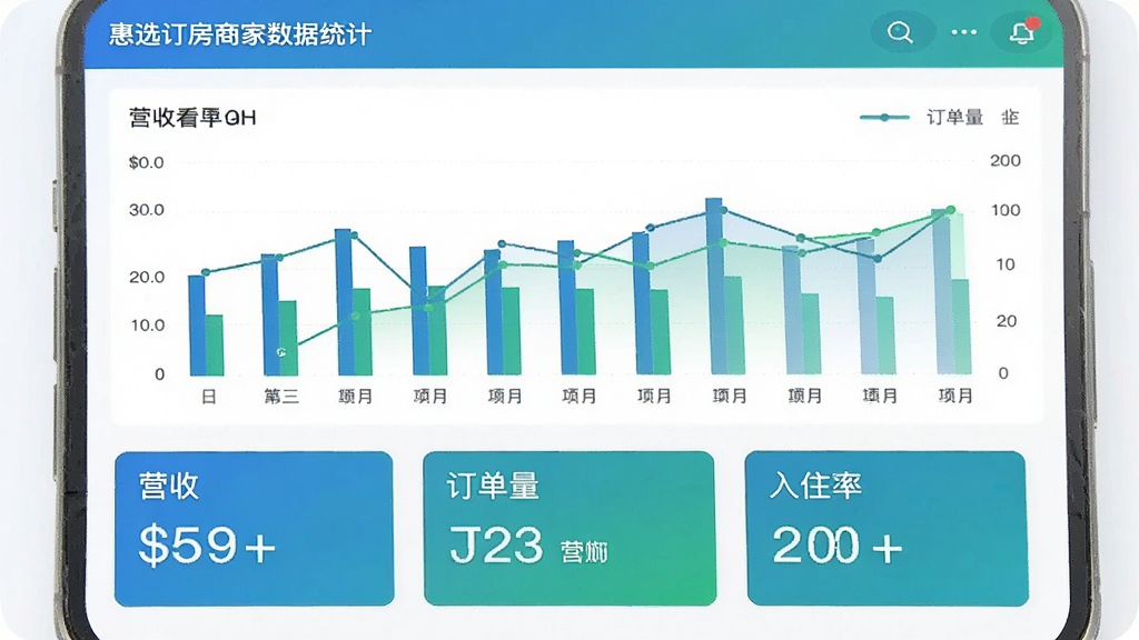 惠选订房商家版数据统计页面,画面展示手机屏幕中柱状图与折线图组合的数据看板,图表下方有营收、订单量、入住率等数值卡片,配色以蓝绿为主,风格简洁专业,画质清晰,干净无干扰元素