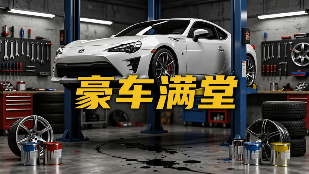 画面以车辆改装车间为场景,一辆白色跑车停在举升机上,周围摆放不同颜色的轮毂和油漆罐,墙面挂有工具架,画面中央用黄色字体标注“豪车满堂”,风格为工业风3D写实,细节包含金属工具反光、轮胎堆叠、地面油渍痕迹,画质清晰干净,无多余人物元素
