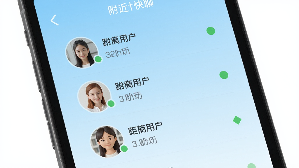 一张手机屏幕展示附近快聊应用主界面,画面中央是附近用户头像列表,背景为浅蓝色渐变,布局简洁清晰,风格现代扁平化,细节包括距离标签和在线状态圆点,画质高清,干净,无多余元素