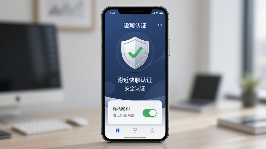 附近快聊安全认证页面展示图,手机屏幕显示认证徽章与隐私开关,主体为手机界面,布局居中,风格简约商务,细节有盾牌图标和绿色勾选标记,画质高清,干净,无多余元素