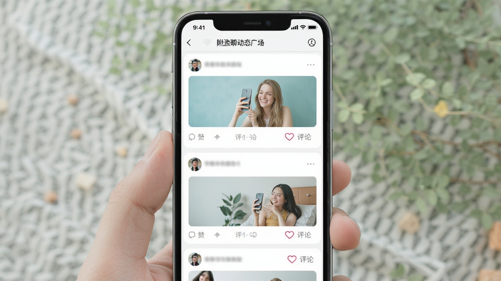 附近快聊动态广场界面图,手机屏幕展示图文动态流,主体为卡片式列表,布局瀑布流,风格清新浅色,细节有点赞爱心和评论图标,画质清晰,干净,无多余元素