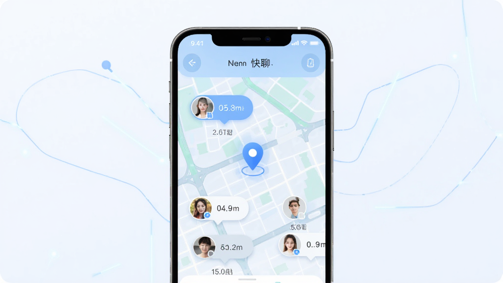 附近快聊同城定位功能展示图,手机屏幕显示地图与附近用户头像气泡,主体为手机和地图界面,布局居中,风格科技感浅色系,细节有距离数字和定位图标,画质清晰,干净,无多余元素
