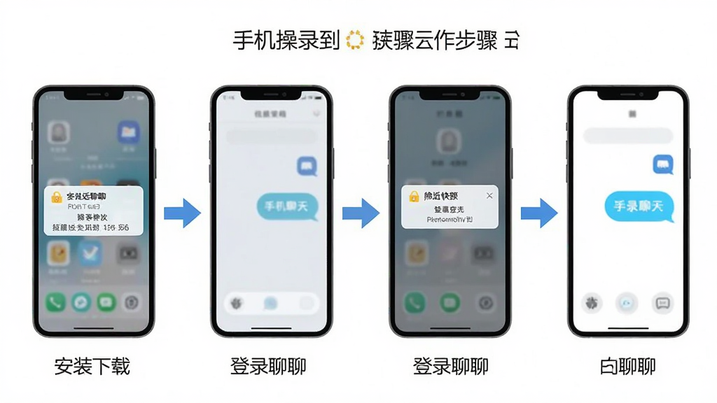 附近快聊手机操作步骤示意图,画面展示从下载安装到登录聊天的四格流程图,主体为手机与箭头指引,布局横向排列,风格扁平化教程风,细节有权限弹窗和聊天图标,画质高清,干净,无多余元素
