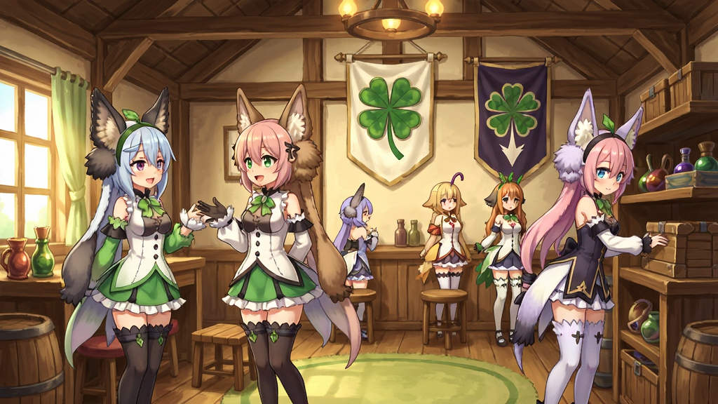 四叶草剧场-魔物娘养成手游公会大厅场景图,画面中多位魔物娘角色聚集在温馨的木屋大厅内,有的在交谈,有的在整理道具,背景墙上挂着公会旗帜,风格为日系二次元动漫风格,色调温暖明亮,细节包括角色互动姿态、家具摆设、灯光氛围,画质高清,画面干净,无多余元素。