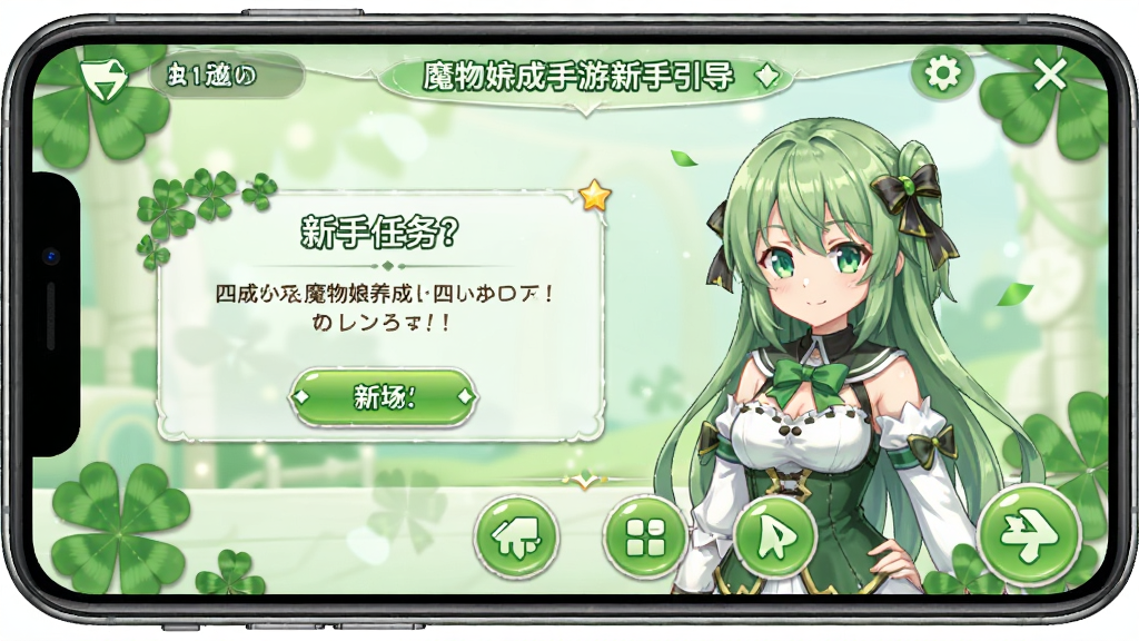 四叶草剧场-魔物娘养成手游新手引导界面截图风格概念图,画面展示手机屏幕内游戏主界面,界面上有新手任务提示框、角色立绘、功能按钮图标,风格为日系二次元手游UI风格,色调以浅绿和白色为主,细节包括按钮光泽、字体样式、角色半身像,画质高清,构图整洁,无多余元素。