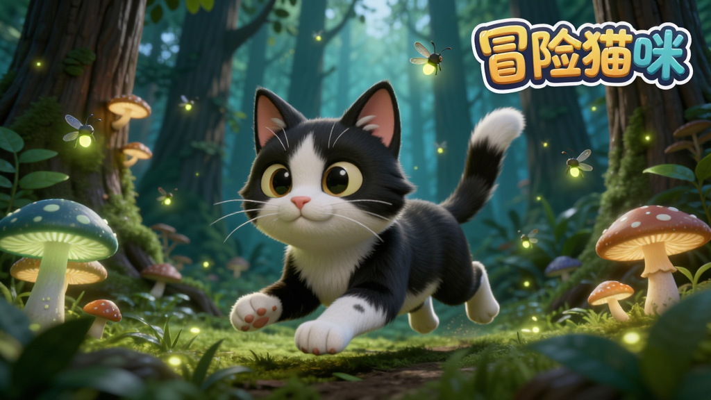 一只黑白花猫在茂密森林中奔跑,周围有高大的树木、发光的蘑菇和飞舞的萤火虫,3D卡通风格,画面清新自然,主体居中,细节丰富,画质干净,图片中不出现文字,软件名称“冒险猫咪”以艺术字形式浮现在画面右上角