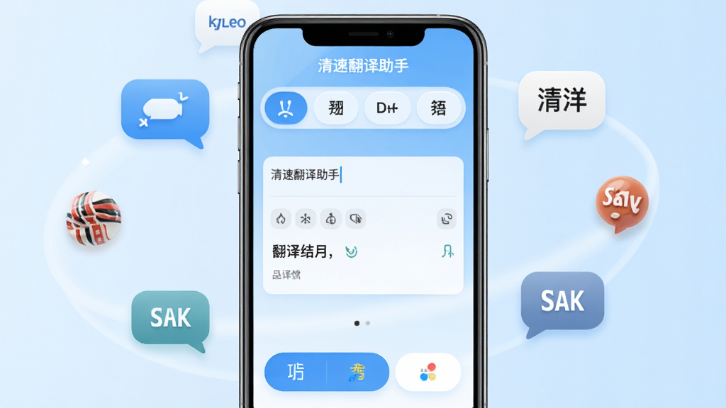 手机屏幕中央展示“清速翻译助手”应用主界面,界面简洁,上方为语言选择栏,中间为输入框与翻译结果展示区,下方为功能按钮,背景为浅蓝色渐变,周围环绕翻译气泡与语言图标,风格清新简约,细节清晰,画质干净,无多余元素