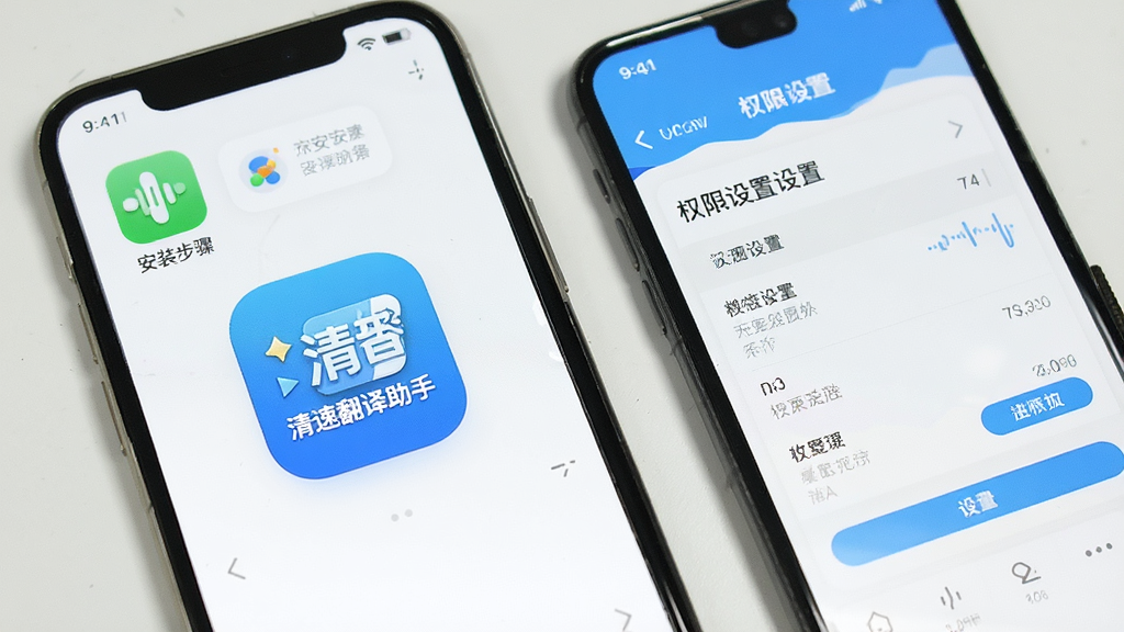 “清速翻译助手”应用在手机屏幕上运行,旁边显示安装步骤图标与权限设置界面,背景为浅色,风格教程类,细节清晰,画质干净,无多余元素