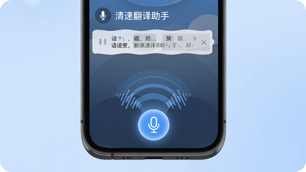 “清速翻译助手”应用界面中,麦克风图标高亮,声波从手机底部向上扩散,屏幕显示语音识别文字与翻译结果,背景为柔和蓝色,风格现代,细节清晰,画质干净,无多余元素