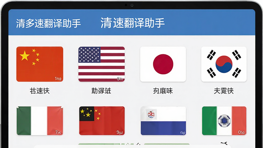 “清速翻译助手”应用展示多语言选择界面,屏幕上排列着中国国旗、美国国旗、日本国旗、韩国国旗等图标,下方标注对应语言名称,界面整洁,风格国际化,细节清晰,画质干净,无多余元素