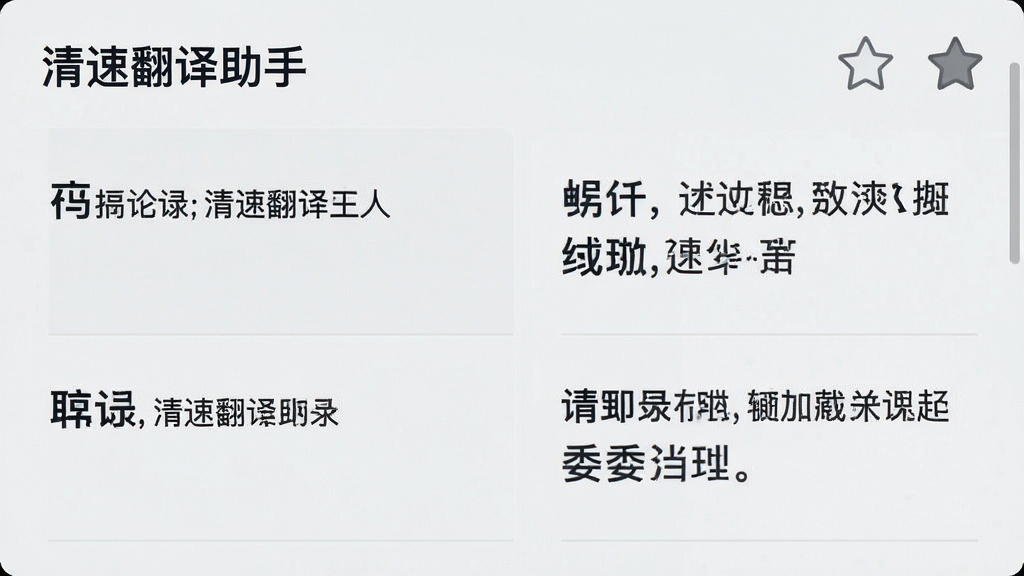 “清速翻译助手”应用展示历史记录与收藏夹界面,列表清晰排列着多条翻译记录,每条记录左侧为原文,右侧为译文,顶部有收藏星标图标,背景为浅灰色,风格简约,细节清晰,画质干净,无多余元素