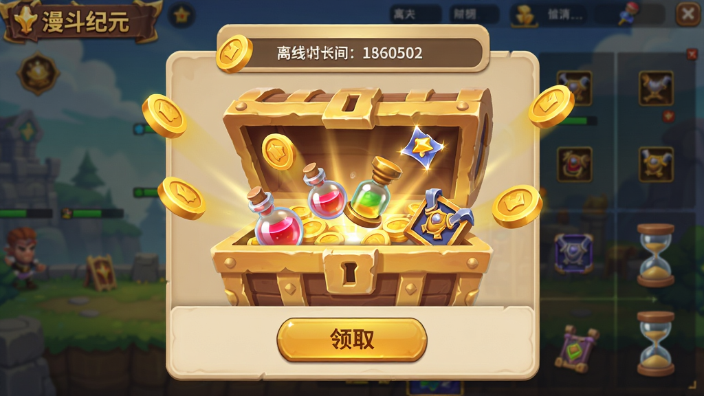 画面主体为漫斗纪元离线收益结算界面,中央显示一个巨大的宝箱正在打开,金币和经验道具从中飞出,背景是游戏主界面的挂机场景。布局采用弹窗式排版,顶部显示离线时长,底部为领取按钮。风格为卡通渲染,金色与暖色调为主。细节包含飘浮的金币、经验药水、装备图标、时间沙漏元素。画质高清、干净、无多余元素,画面中文字写“漫斗纪元”。