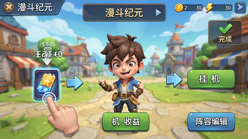 画面主体为漫斗纪元新手引导界面,一位搞怪少年英雄站在游戏主城中央,周围有箭头指示点击抽卡按钮、挂机收益按钮和阵容编辑按钮。布局采用手机屏幕竖版排版,顶部有新手提示文字框。风格为卡通渲染,色彩明亮友好。细节包括手指点击图标、资源数值飘动、任务完成勾选标记。画质高清、干净、无多余元素,画面中文字写“漫斗纪元”。