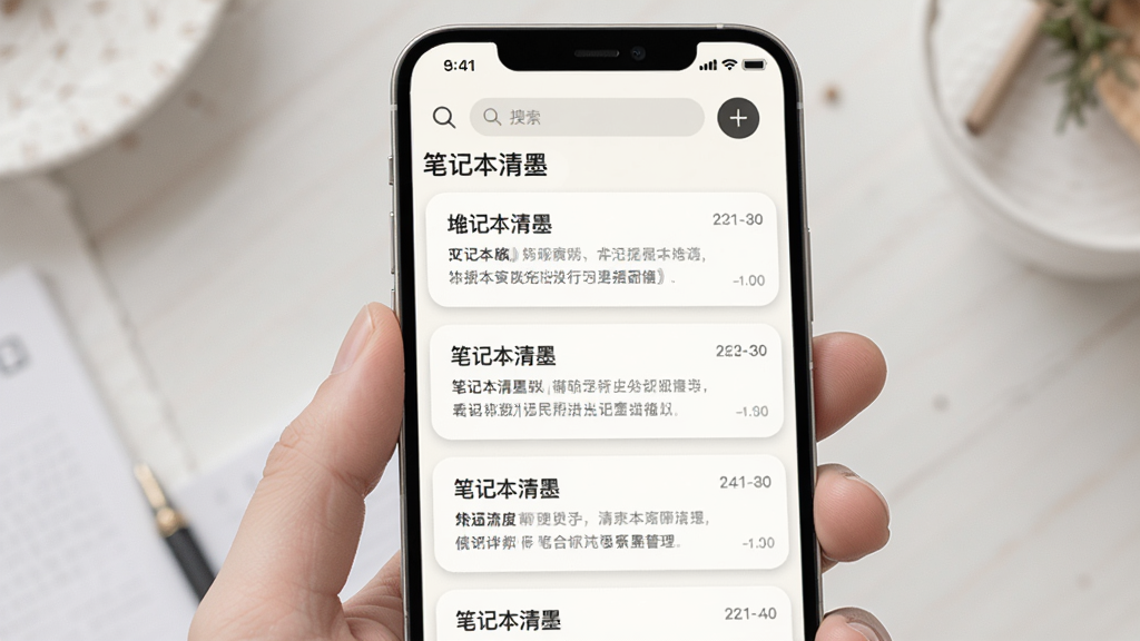 手机屏幕展示“笔记本清墨”的笔记列表界面,列表项包含标题、摘要与时间戳,顶部有搜索栏和新建按钮,界面配色为米白与浅灰,布局留白充足,风格偏向极简主义,细节包含圆角卡片和细腻阴影,画质清晰干净,无多余元素。