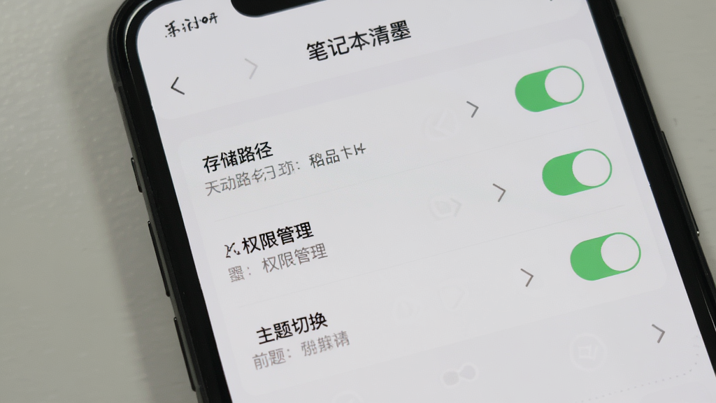 手机屏幕显示“笔记本清墨”的设置页面,页面中包含存储路径、权限管理、主题切换等选项,界面布局清晰,风格简洁,背景为浅色,细节包含开关按钮和箭头图标,画质清晰干净,无多余元素。