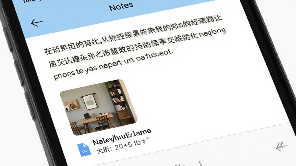 手机屏幕显示笔记详情页,页面中包含文字段落和一张图片附件缩略图,图片下方有文件名称与大小信息,界面配色为浅蓝与白色,布局整洁,风格偏向办公工具类应用截图,细节包含图标和分割线,画质清晰干净,无多余元素。