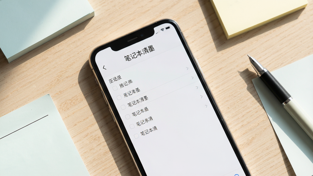 画面中央放置一部智能手机,手机屏幕显示简洁的笔记列表界面,界面顶部有“笔记本清墨”文字标识,手机周围散落着便签纸和一支笔,背景为浅色木质桌面,采用俯视角度构图,整体风格清新简约,细节包含柔和阴影和自然光线,画质清晰干净,无多余元素。