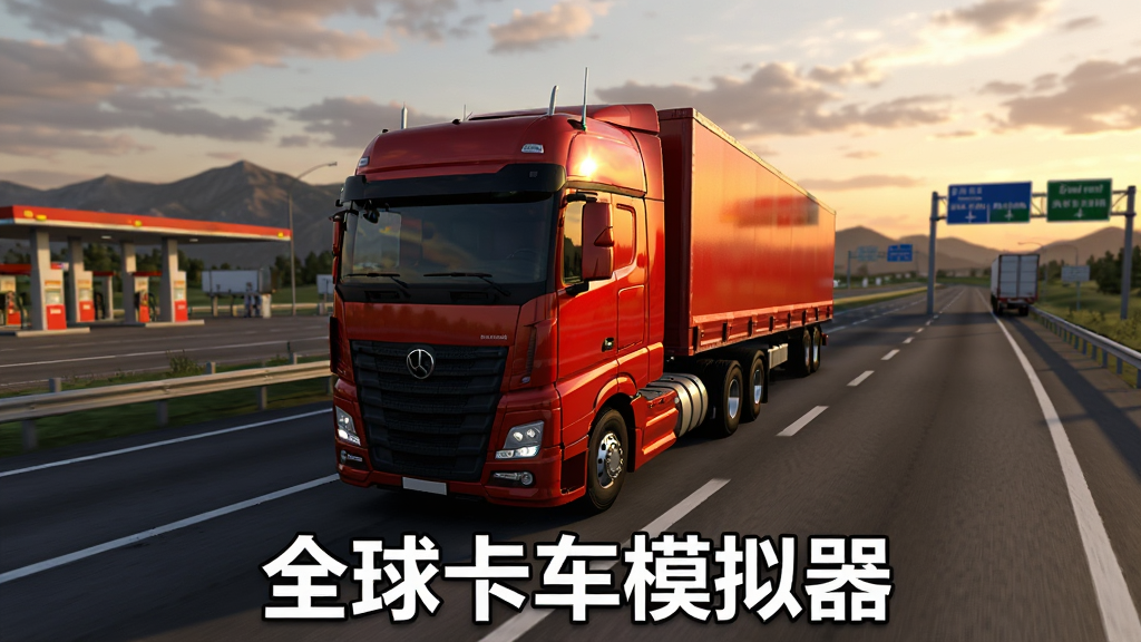 画面中央是一辆红色重型卡车行驶在宽阔的高速公路上,背景是夕阳下的山脉与云层,道路两侧有加油站和路标,画面下方标注文字
