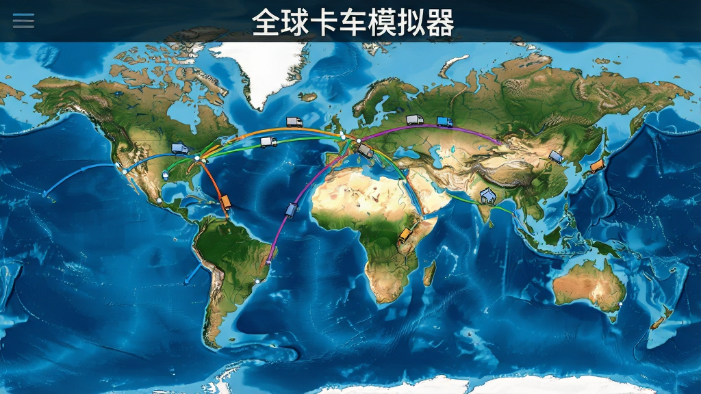 俯视视角的全球地图界面,地图上标注多条彩色运输路线连接不同城市,路线旁有小卡车图标,界面风格简洁现代,地图背景带有地形起伏与海洋蓝色,屏幕上方显示