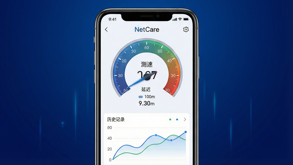һ��չʾ��ΪNetCare������ٹ��ܵĽ���ͼ������Ϊ�ֻ���Ļ��ʾ�����Ǳ��̺��ӳ����ݣ�����Ϊ���жԳƣ��Ű������죬���Ϊ���пƼ��磬ϸ�ڰ���Բ���ٶȱ��̡����ֶ������ӳٺ�����ֵ����ʷ��¼���ߣ����ʸ���ɾ��޶���Ԫ�أ�����Ϊ����ɫ���䣬ͼƬ�����ְ�����NetCare�������١����ӳ١�