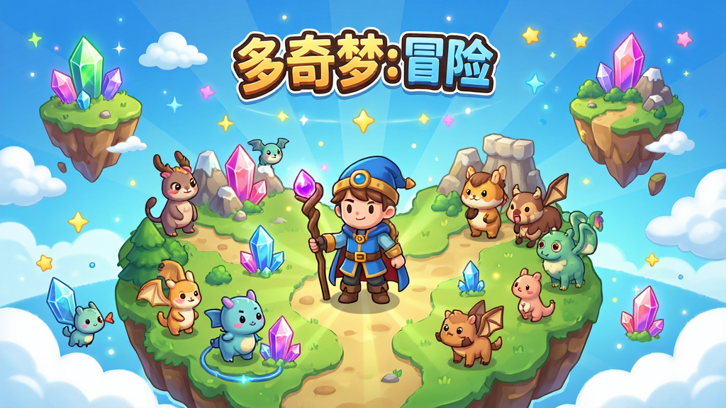 多奇梦: 冒险 游戏主界面全景展示,主体为卡通风格的奇幻大陆地图,中央站立一位手持法杖的冒险者,周围环绕多种可爱奇幻生物,布局采用中心辐射式,排版清晰展示游戏名称